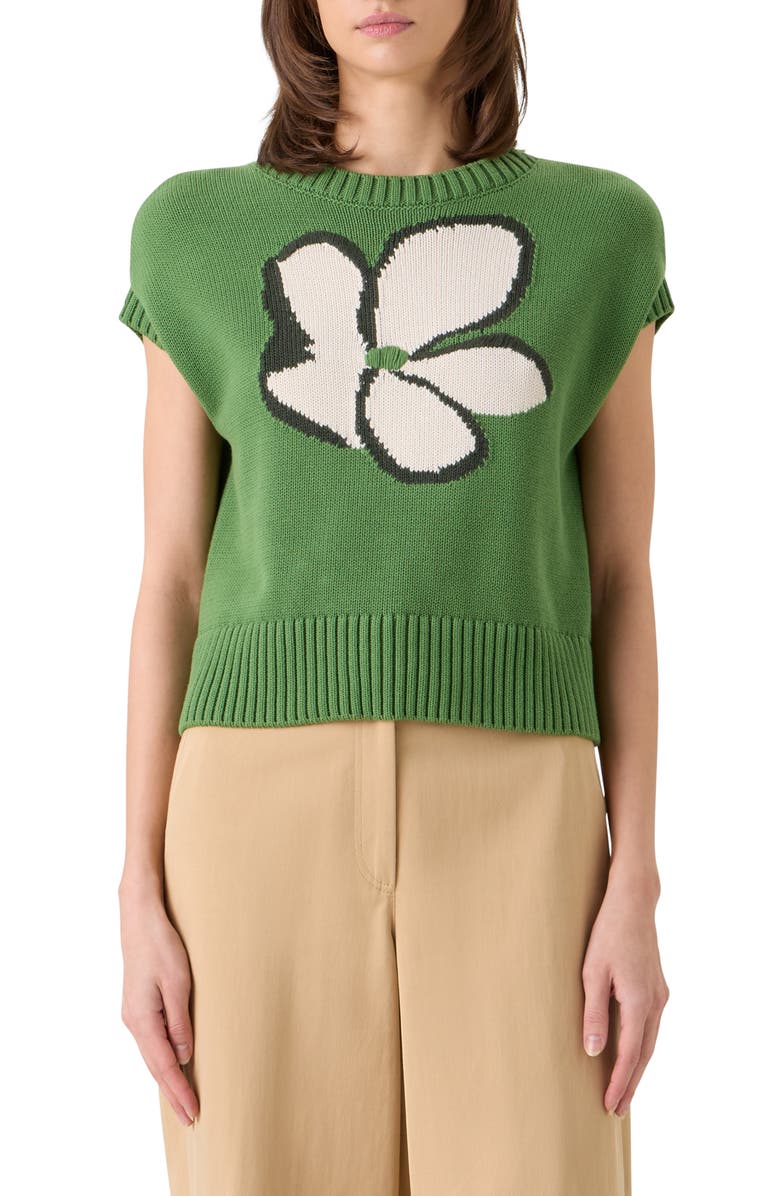 Akris punto Papercut Flower Intarsia Cotton Sweater, Main, color, Green Tea-Cream-Olive
