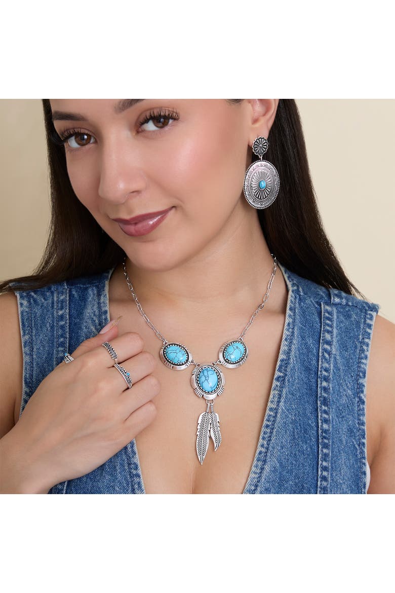 Feathers and Turquoise Necklace, Alternate, color, Antique Silver/Turquoise