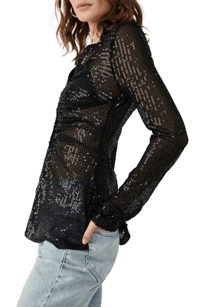 Free People Sequin Ruched Shirt, Alternate, color, 