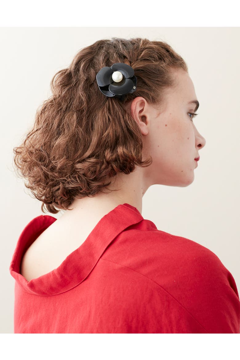 Camelia Mythique Acetate and Pearl Hair Barrette, Alternate, color, Black