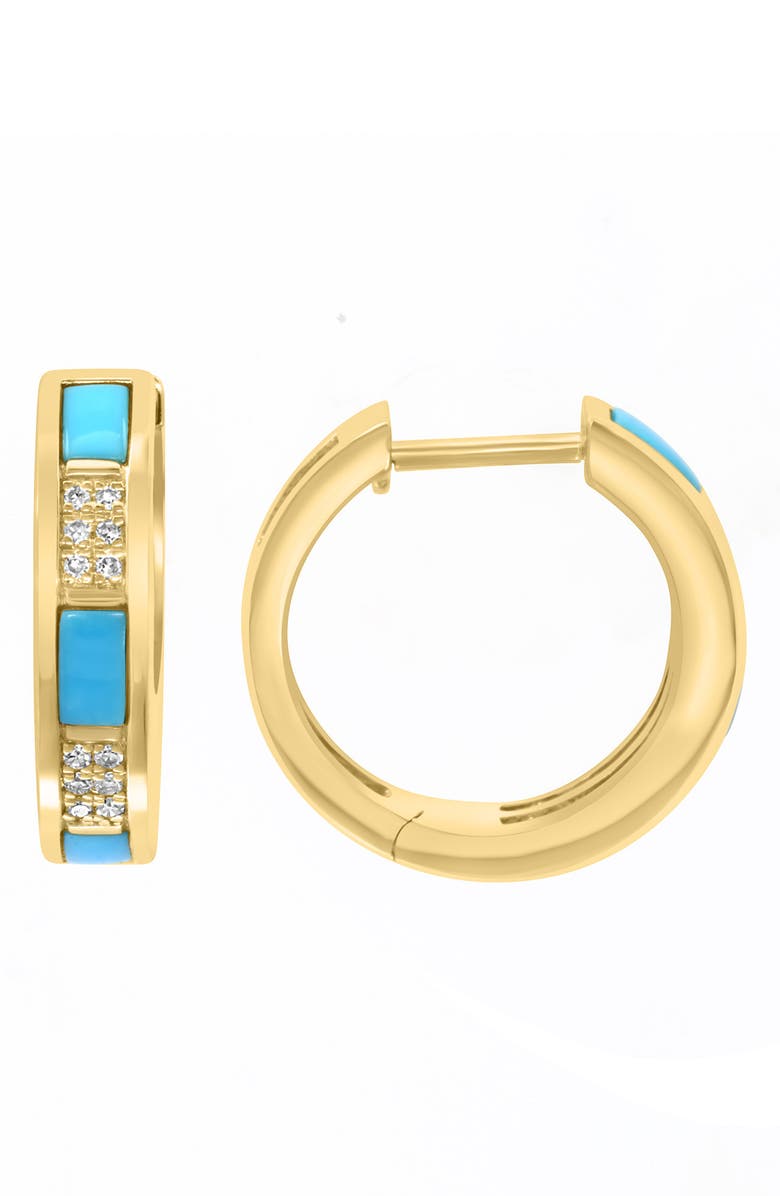 EFFY 14K Gold Diamond Pavé & Turquoise Huggie Hoop Earrings, Main, color, 