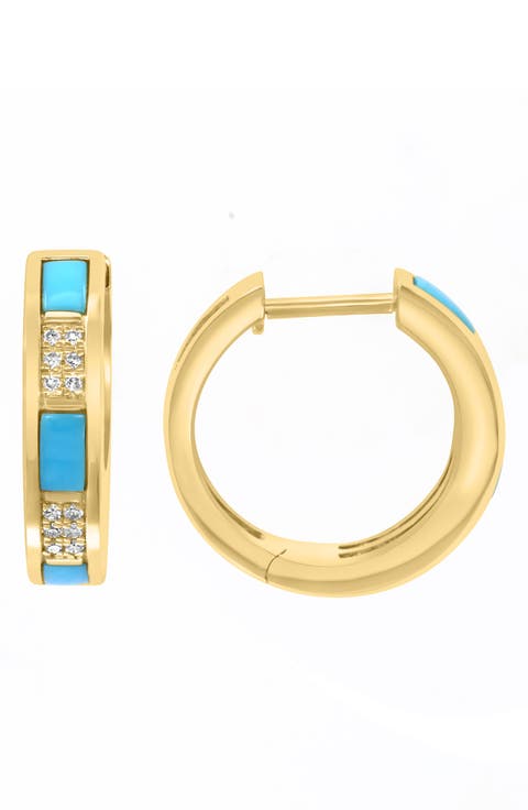 14K Gold Diamond Pavé & Turquoise Huggie Hoop Earrings