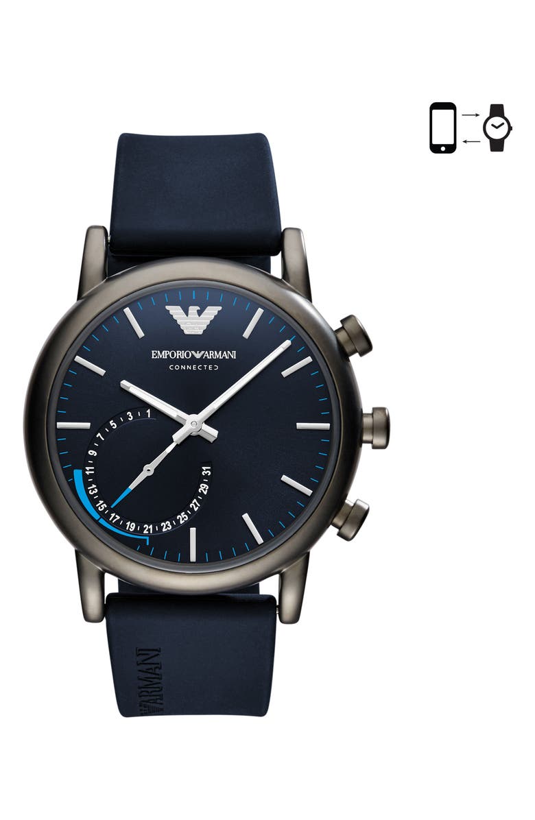 Emporio Armani Silicone Strap Hybrid Smartwatch, 43mm, Main, color,