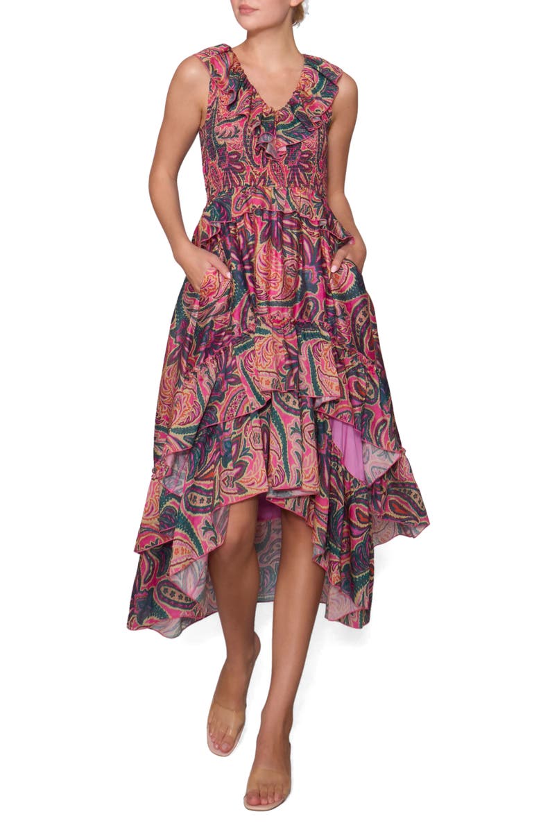 MELLODAY Print Ruffle Organza Sleeveless High-Low Maxi Dress, Main, color, Pink Purple Multi