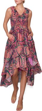 MELLODAY Print Ruffle Organza Sleeveless High-Low Maxi Dress