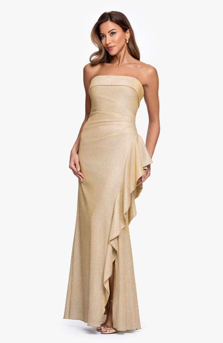 Xscape Evenings Galaxy Glitter Strapless Ruffle Gown, Alternate, color, Gold/ Silver