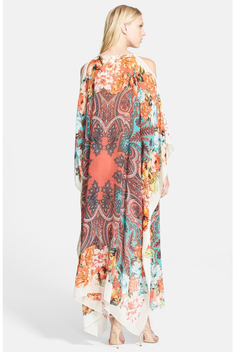 Print Cold Shoulder Silk Caftan Dress, Alternate, color, PINK/ BLUE MULTI