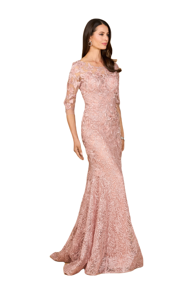 Short Sleeve Lace Mermaid Gown, Alternate, color, Blush