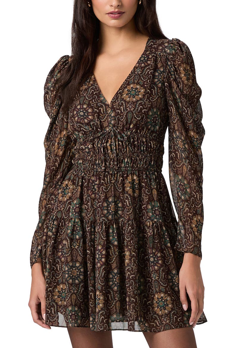 Aries Print Long Sleeves Silk Minidress, Alternate, color, DARK CHOCOLATE MULTI