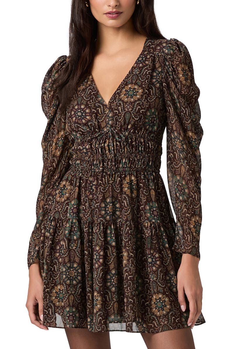 PAIGE Aries Print Long Sleeves Silk Minidress, Alternate, color, Dark Chocolate Multi