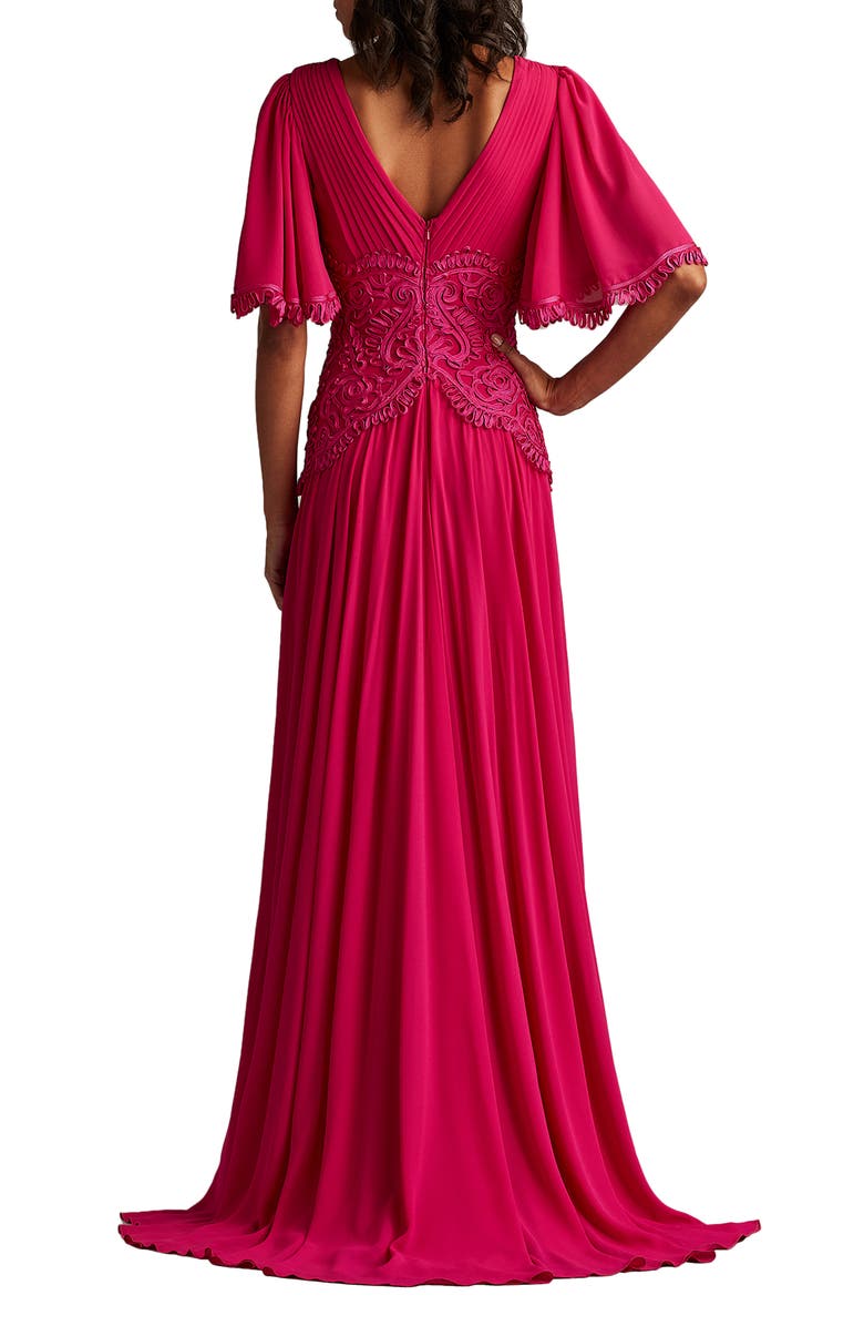 Tadashi Shoji Scroll Lace Detail Flutter Sleeve Chiffon Gown, Alternate, color, Hibiscus
