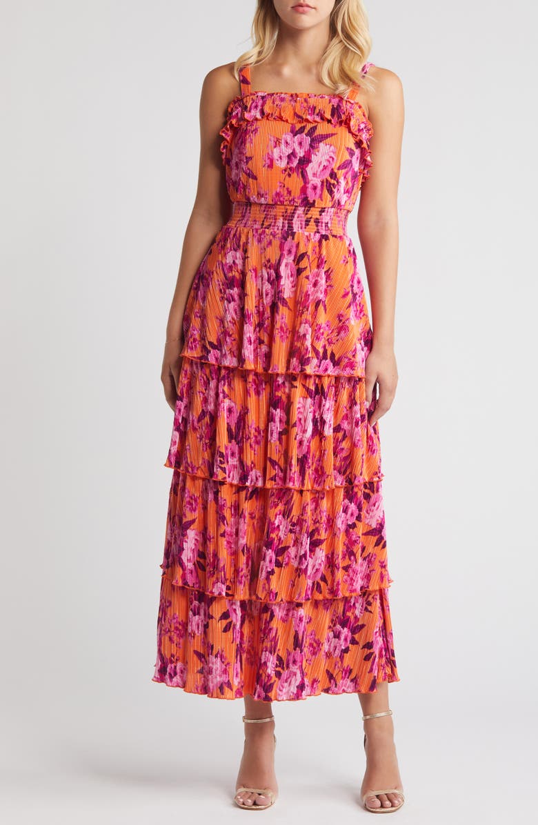 Chelsea28 Plissé Tiered Maxi Dress, Main, color, Orange- Pink Blossoms