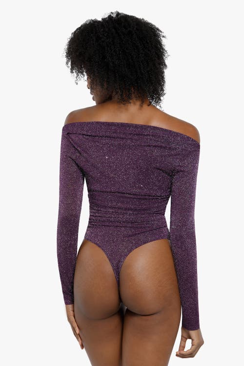 Popilush Shapewear Metallic Knit Long Sleeve Slimming Bodysuit In Dewberry
