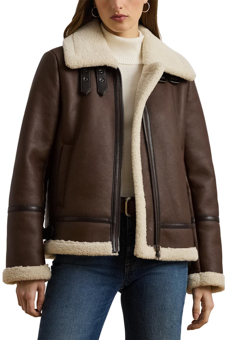 Faux Leather Jacket with Faux Shearling Trim, Main, color, DK CUOIO