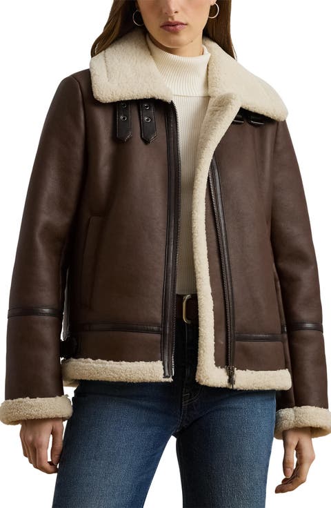 Faux Leather Jacket with Faux Shearling Trim