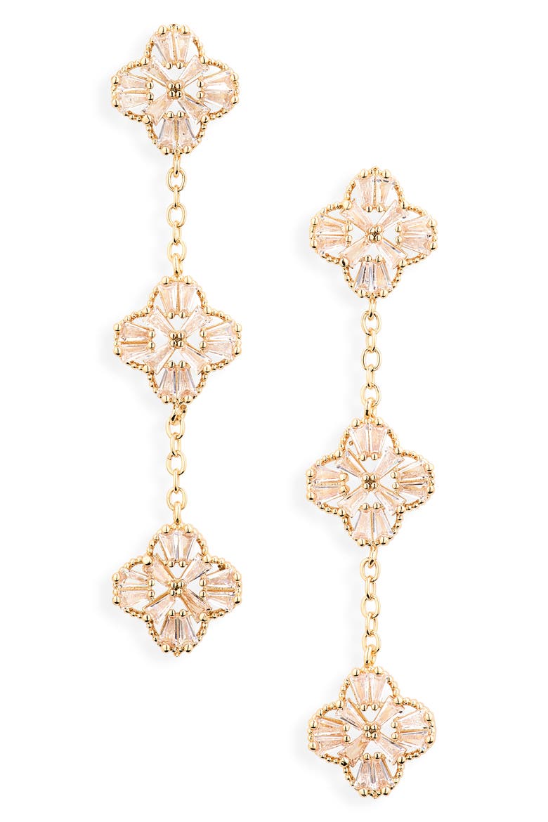 Crystal Clover Linear Drop Earrings, Main, color, GOLD