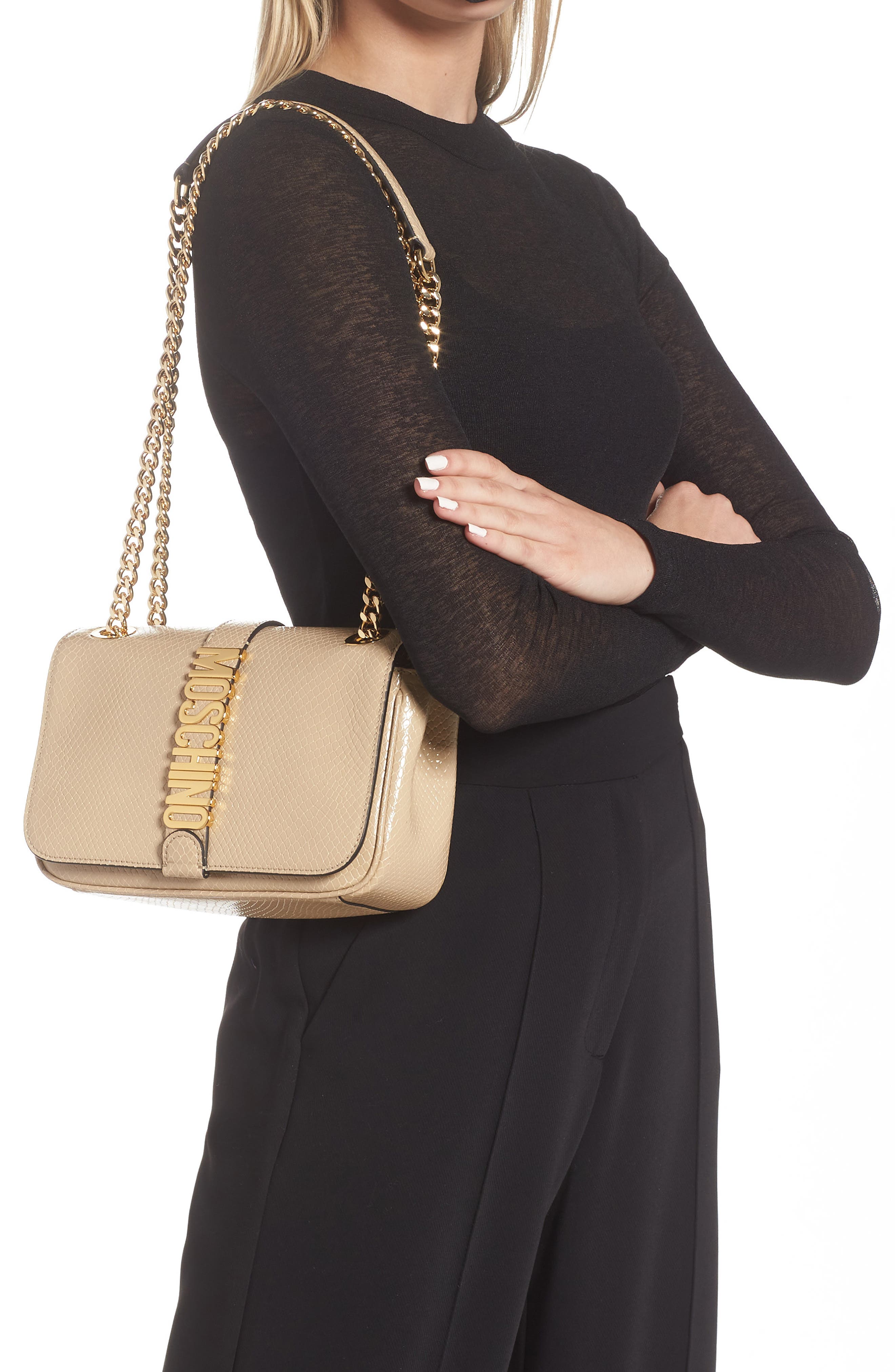 Moschino Python Embossed Leather Shoulder Bag, Alternate, color, 