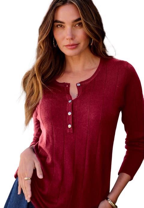 Plus Size Drop Needle Henley Lightweight Sweater Knit