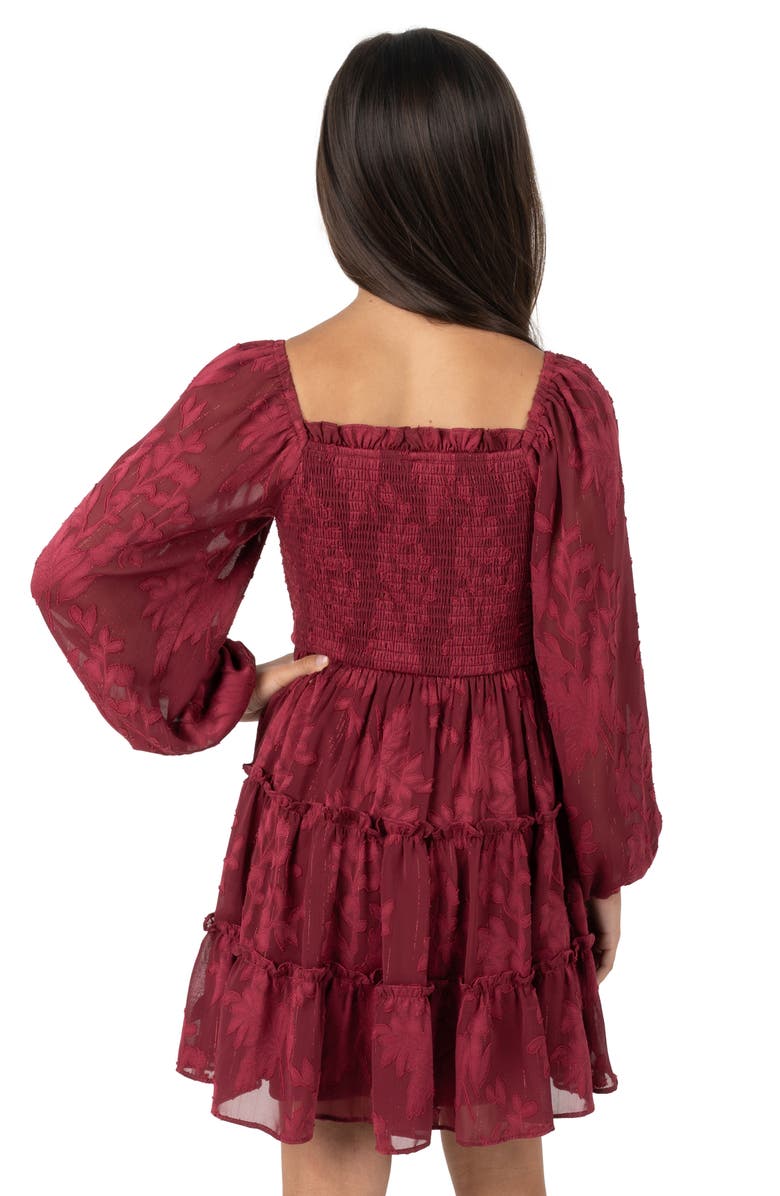 Rare Editions Kids' Burnout Chiffon Long Sleeve Dress, Alternate, color, Burgundy