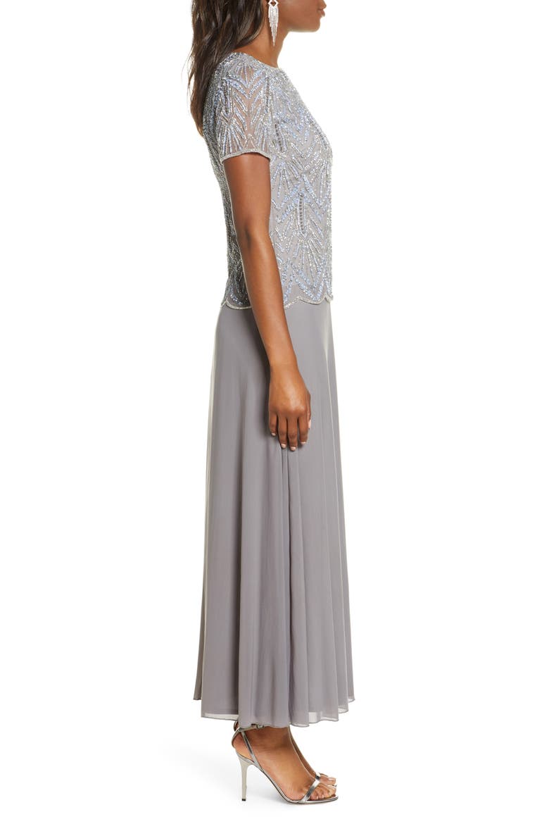 Beaded Bodice Chiffon Gown, Alternate, color, STEEL