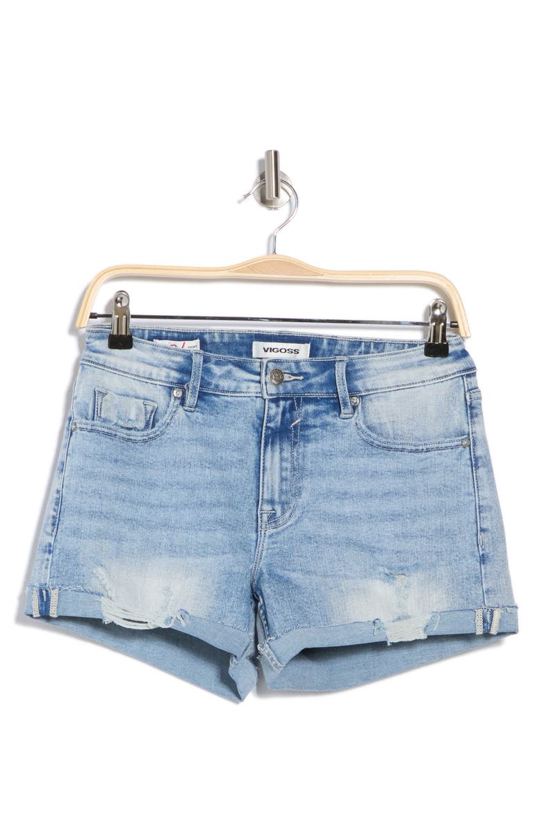 Vigoss Marley Ripped Mid Rise Denim Shorts, Alternate, color, Light Wash