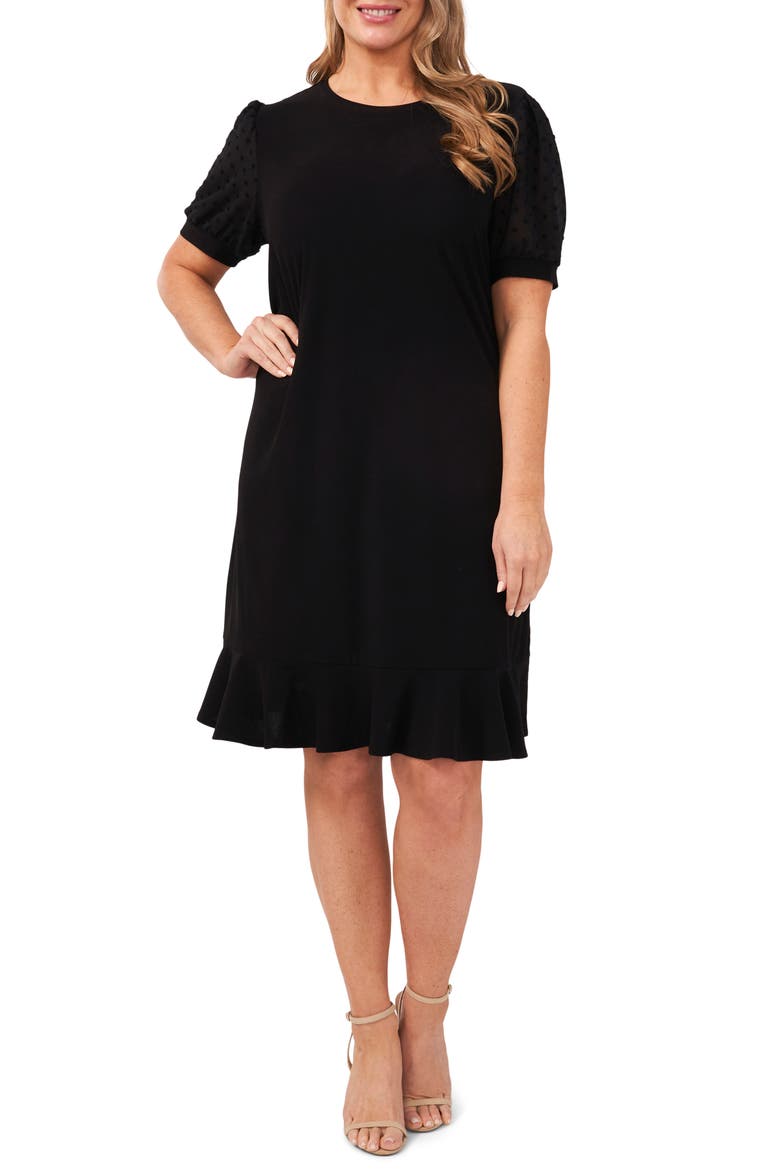 Clip Dot Puff Sleeve Dress, Main, color, RICH BLACK