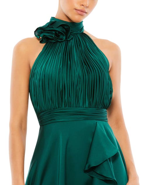 Mac Duggal Halter Neck Flower Detail Ruffled Midi Dress In Emerald