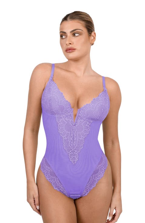 Plus Size Shapewear Lace Deep V-Neck Sculpting Thong Bodysuit