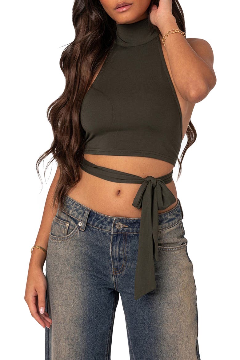 Hamlin Wrap Tie Halter Neck Crop Top, Main, color, OLIVE