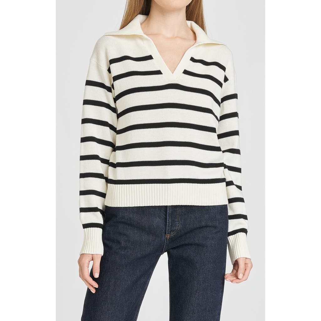 Shop Wayf Port Stripe Johnny Collar Cotton Sweater In Ivory Black