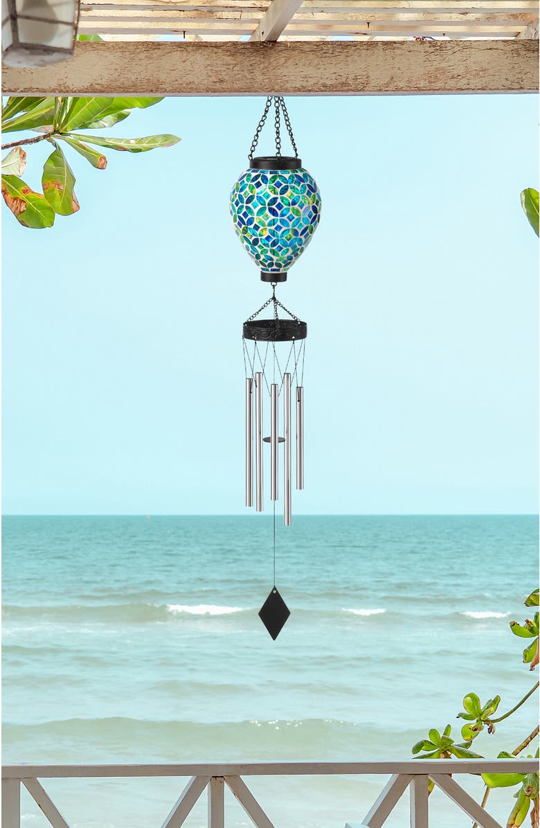Glitzhome 37"H Solar Lighted Metal and Glass Mosaic Windchime, Alternate, color, Green