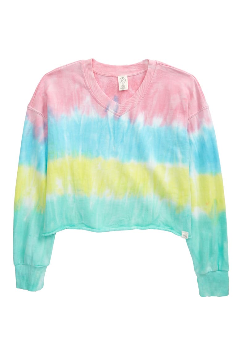 Kids' Tie Dye Crop French Terry Top, Main, color, CORAL CAMELIA RAINBOW TIE DYE