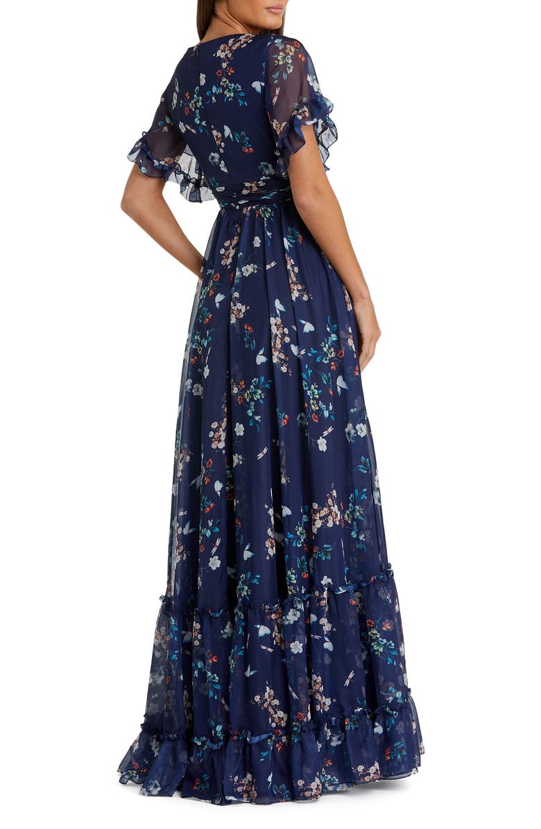 Mac Duggal Multicolor Flounce Sleeve Floral Maxi Dress, Alternate, color, Navy Multi