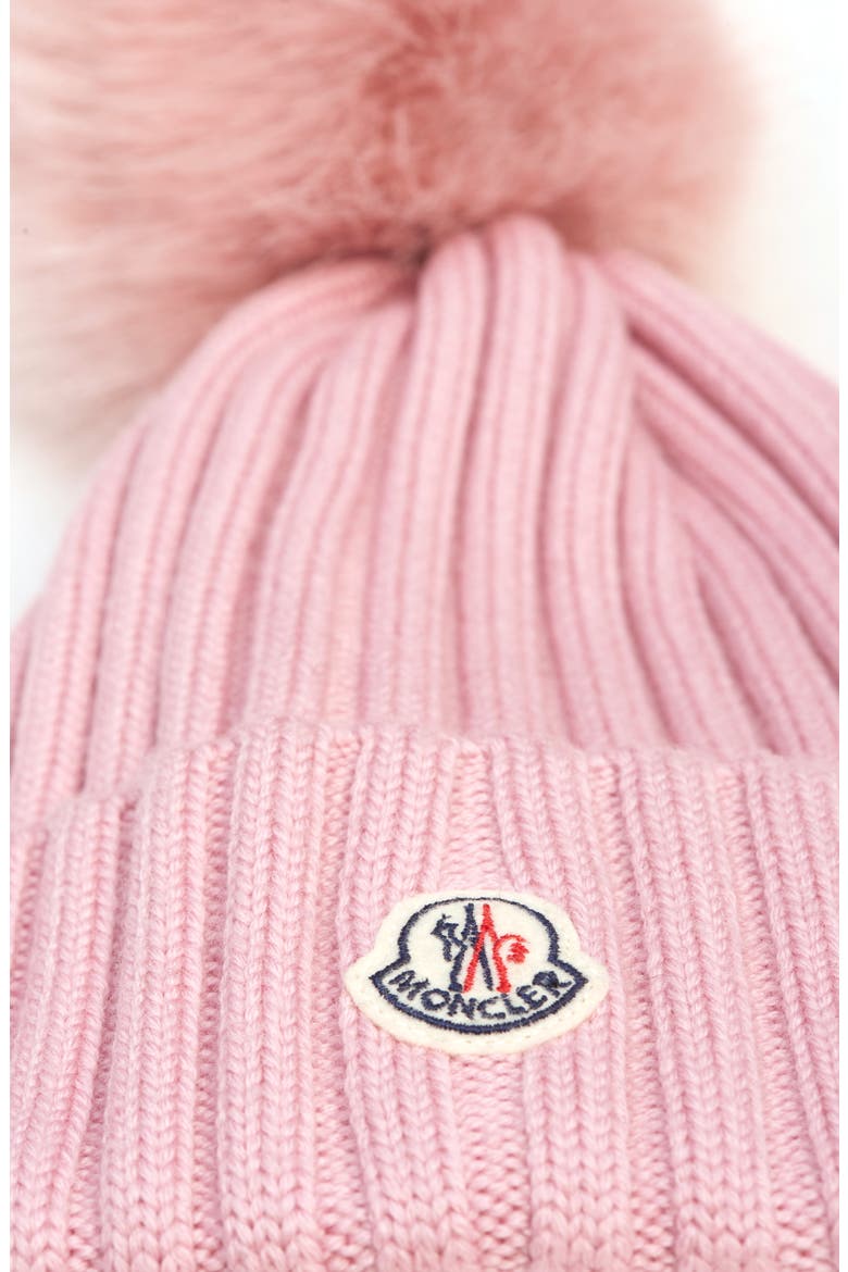 Virgin Wool Rib Beanie with Faux Fur Pompom, Alternate, color, SMOOTH ROSE