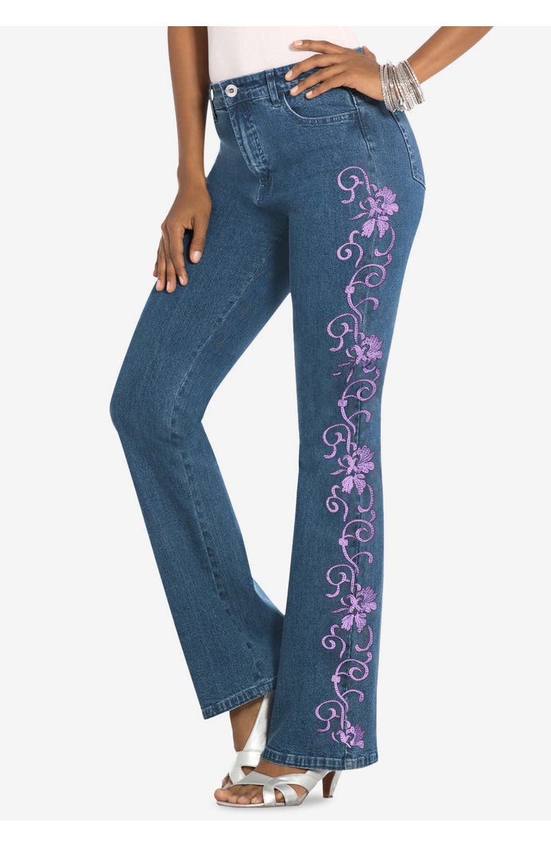 Roaman's Plus Size Whitney Jean with Invisible Stretch<sup>®</sup>, Alternate, color, Gold Swirl Embroidery