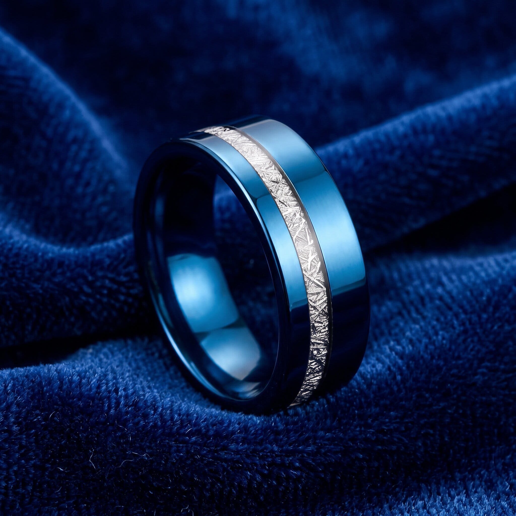 Bliss Diamond Men's Blue Tungsten Ring Meteor Inlay 8mm Wedding Band ...