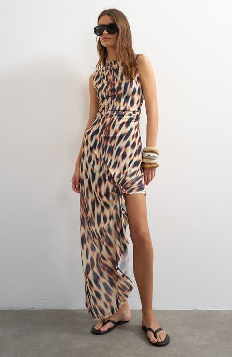 Abstract Print Mesh Sheath Maxi Dress