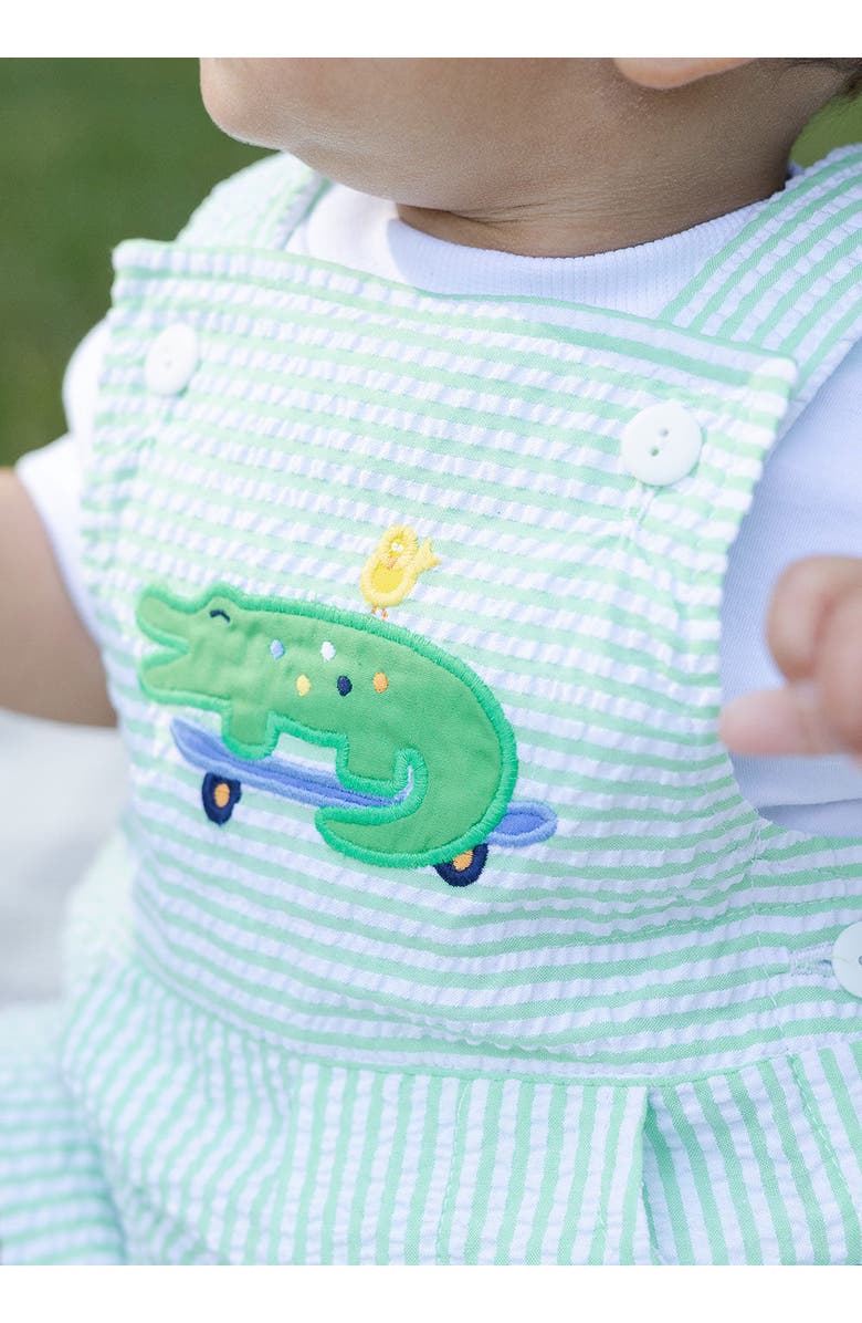 Florence Eiseman Seersucker Shortall With Skateboarding Gator, Alternate, color, Green / White