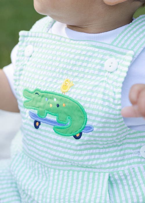 Florence Eiseman Seersucker Shortall With Skateboarding Gator In Green
