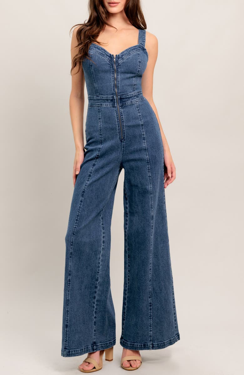 FLYING TOMATO Denim Wide Leg Jumpsuit, Main, color, Medium Indigo