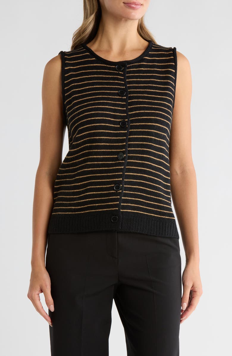 Bobeau Stripe Button-Up Sweater Vest, Main, color, Black/ Camel