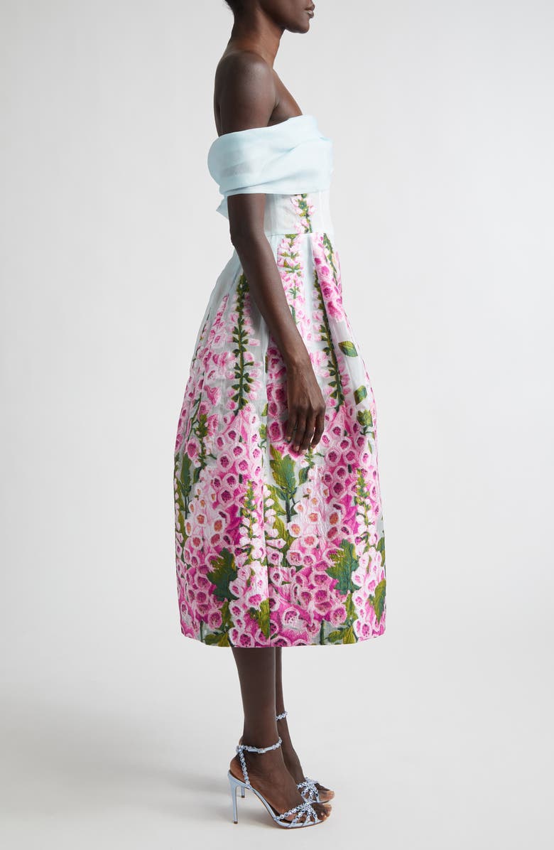 Oscar de la Renta Foxglove Print Off the Shoulder Organza Dress, Alternate, color, Lilac/ Sky