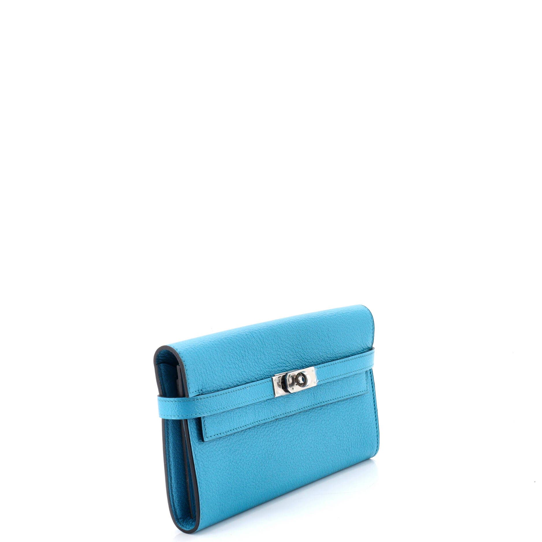 Pre-Owned Hermes Kelly Wallet Chevre Mysore Long, Alternate, color, Turquoise