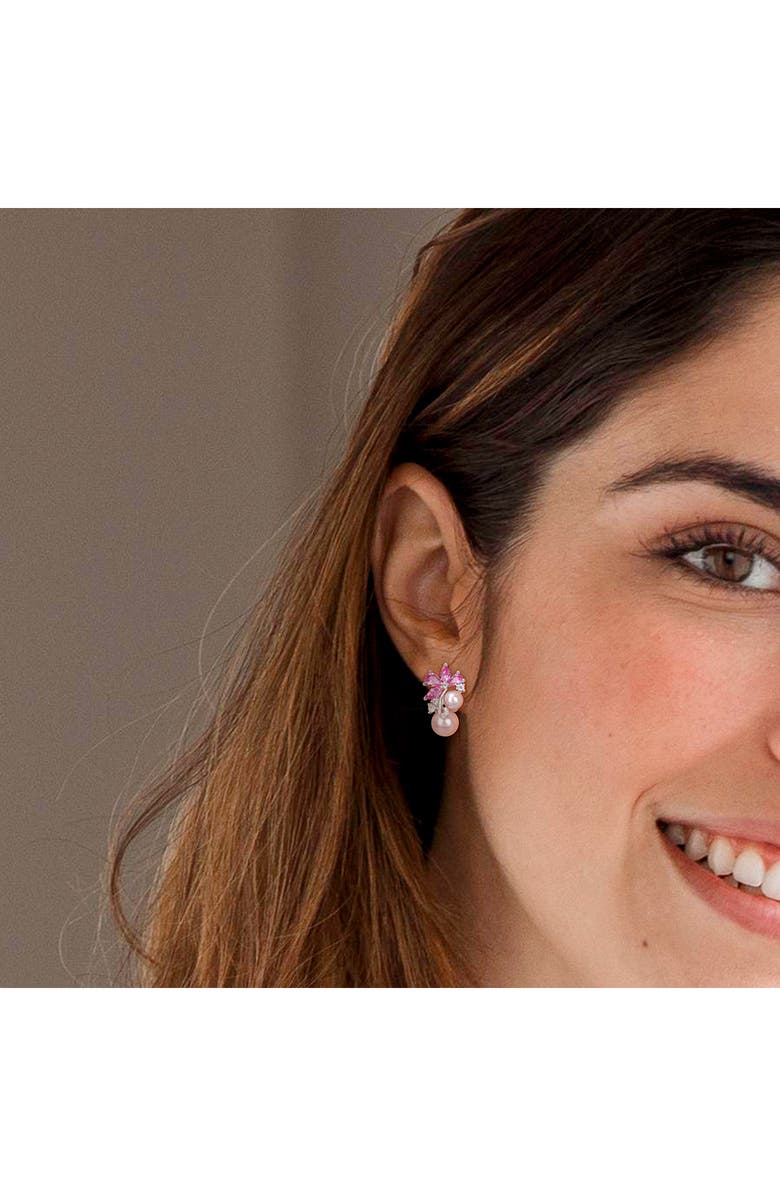 DELMAR Pink Cultured Freshwater Pearl & Lab Grown Sapphire Flower Necklace & Earrings Set, Alternate, color, Pink