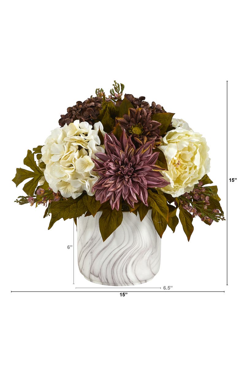 NEARLY NATURAL 15-in Peony, Hydrangea and Dahlia Artificial Arrangement in Marble Finished Vase, Alternate, color, Purple