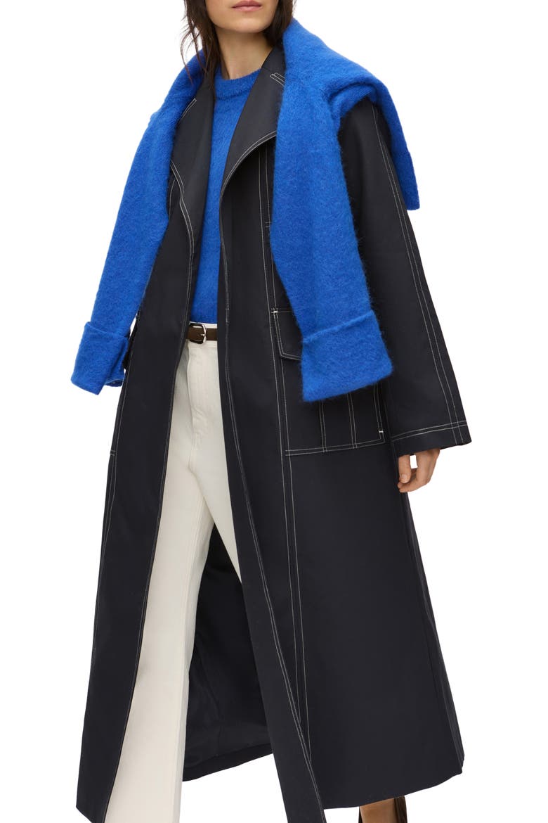 Elsa Topstitch Detail Organic Cotton Trench Coat, Main, color, NAVY