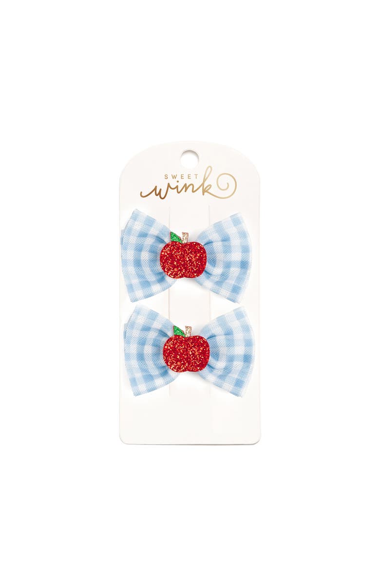 Sweet Wink Apple Gingham Tulle Bow Clip Set, Main, color, Light Blue