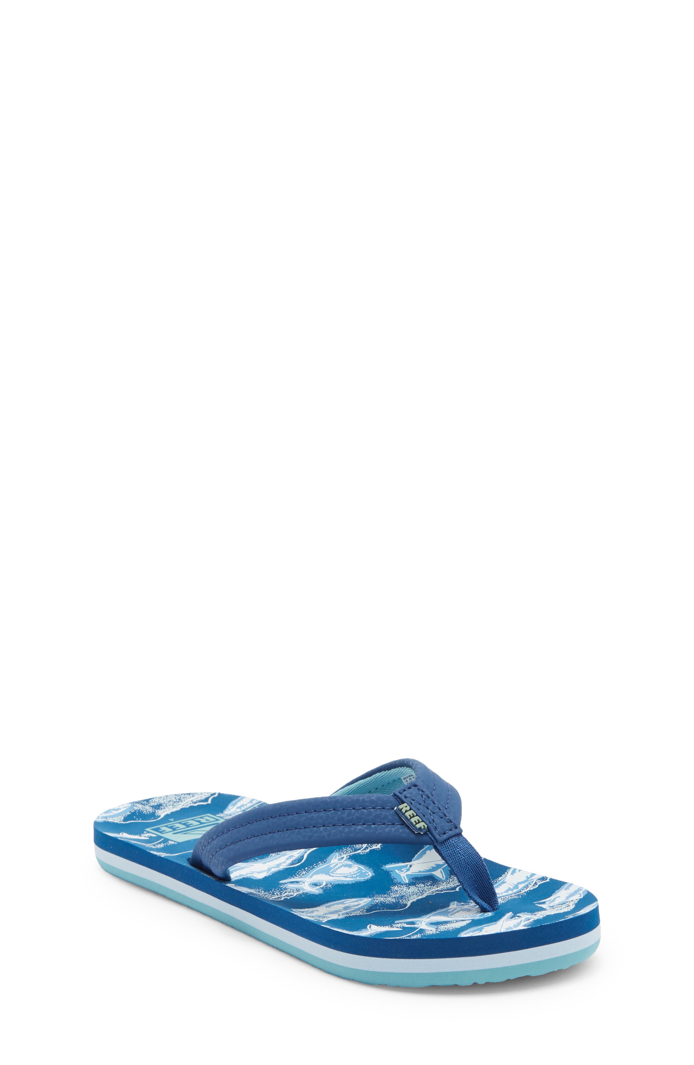 Reef Kids' Ahi Flip Flop, Main, color, Royal Sharks