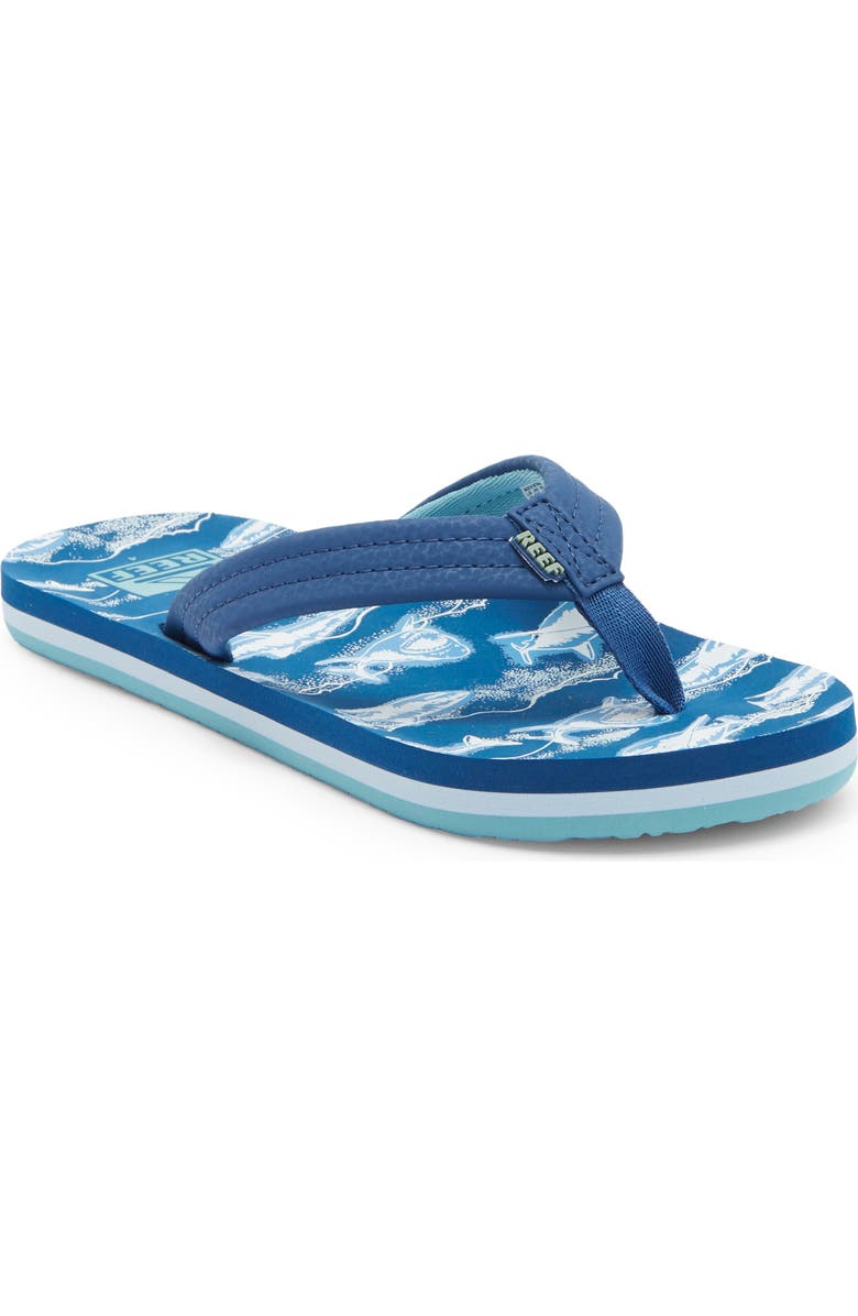 Reef Kids' Ahi Flip Flop, Main, color, Royal Sharks