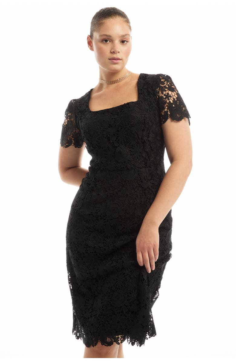 June + Vie Square-Neck Lace Midi Dress, Alternate, color, Black